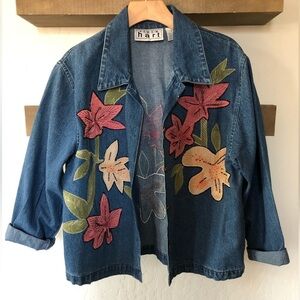 Karen Hart|Vintage Denim jacket with floral embroidery & beading all throughout•
